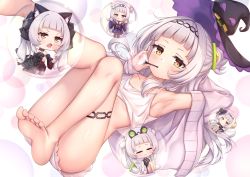 Rule 34 | 1girl, absurdres, arata (xin), armpits, ass, barefoot, blunt bangs, blush, bubble, blowing bubbles, chibi, collarbone, commentary, feet, flat chest, hair bun, hat, headpiece, highres, hololive, jacket, jitome, light purple hair, looking at viewer, multiple persona, murasaki shion, murasaki shion (1st costume), murasaki shion (qi idol), murasaki shion (new year), murasaki shion (gothic lolita), official alternate costume, open clothes, open jacket, pajamas, pink jacket, single hair bun, soles, tank top, thighs, toes, virtual youtuber, witch hat, yellow eyes