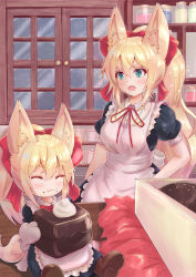 Rule 34 | absurdres, animal ears, apron, blonde hair, blue eyes, blush, bow, closed eyes, cocoasabure, eating, fox ears, hair between eyes, hair bow, highres, indoors, long hair, looking at another, night, open mouth, original, ponytail, puffy short sleeves, puffy sleeves, red bow, short sleeves, sitting, snowing, valentine, window