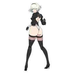 Rule 34 | 1girl, artist request, ass, bad id, bad pixiv id, black footwear, black thighhighs, blue eyes, boots, breasts, closed mouth, commentary, feather trim, from behind, full body, gloves, hair ornament, hair over one eye, hairband, high heel boots, high heels, highleg, highleg leotard, legs apart, leotard, lips, long legs, long sleeves, looking at viewer, looking back, medium breasts, mole, mole under mouth, nier (series), nier:automata, puffy sleeves, short hair, simple background, standing, thigh boots, thighhighs, thighhighs under boots, thighs, turtleneck, white background, white hair, 2b (nier:automata)