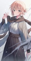 Rule 34 | 1girl, arm guards, black hakama, black scarf, blonde hair, blush, breasts, fate/grand order, fate (series), grey eyes, hair between eyes, hakama, hakama skirt, hand up, highres, japanese clothes, kimono, koha-ace, kuro futoshi, long sleeves, looking at viewer, okita souji (fate), okita souji (koha-ace), open clothes, parted lips, ponytail, scarf, sidelocks, skirt, small breasts, solo, white kimono, wide sleeves
