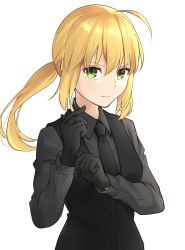 Rule 34 | 1girl, adjusting clothes, adjusting gloves, ahoge, artoria pendragon (all), artoria pendragon (fate), black gloves, black necktie, black shirt, blonde hair, closed mouth, collared shirt, fate/zero, fate (series), floating hair, formal, gloves, green eyes, hair between eyes, highres, long hair, long sleeves, necktie, ponytail, saber (fate), shirt, simple background, solo, tsurupy, upper body, white background, wing collar