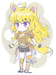 Rule 34 | 1girl, ahoge, animal ears, bandana, blonde hair, breasts, chibi, cleavage, commentary request, ember celica (rwby), full body, iesupa, navel, purple eyes, rwby, solo, standing, tail, yang xiao long