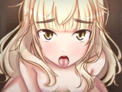 Rule 34 | 1girl, blonde hair, blush, breasts, collarbone, hetzerfag, highres, looking at viewer, no bra, open mouth, out-of-frame censoring, perrine h. clostermann, shiny skin, small breasts, solo, strike witches, tongue, tongue out, world witches series, yellow eyes