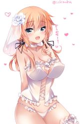 Rule 34 | 1girl, anchor, anchor hair ornament, blonde hair, blue eyes, blush, breasts, bridal garter, choker, corset, flower, frills, hair flower, hair ornament, heart, hip bones, ichiyou moka, kantai collection, large breasts, lingerie, long hair, low twintails, navel, open mouth, panties, prinz eugen (kancolle), simple background, solo, twintails, twitter username, underwear, veil, white background, white flower, white panties