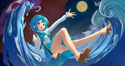 Rule 34 | 1girl, :p, absurdres, ass, blue eyes, blue hair, blue skirt, blue vest, center frills, commentary request, frills, full body, full moon, geta, heterochromia, highres, holding, holding umbrella, kanpa (campagne 9), karakasa obake, long sleeves, looking at viewer, moon, night, outstretched arm, purple umbrella, red eyes, short hair, skirt, sky, solo, star (sky), starry sky, tatara kogasa, thighs, tongue, tongue out, touhou, umbrella, vest, water, waves