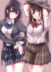 Rule 34 | 2girls, :o, arms up, bad id, bad pixiv id, black hair, black skirt, blue bow, blush, bow, breasts, brown background, brown hair, brown skirt, commentary request, diagonal-striped bow, dress shirt, grey jacket, hair between eyes, highres, jacket, kirisawa saki, long hair, long sleeves, looking at viewer, medium breasts, multiple girls, open clothes, open jacket, open mouth, original, parted lips, plaid, plaid skirt, pleated skirt, purple eyes, red bow, red eyes, school uniform, shirt, skirt, sleeves past wrists, striped, striped bow, undressing, very long hair, white shirt