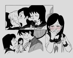 Rule 34 | 1boy, 4girls, alt text, blush, closed eyes, closed mouth, commentary, english commentary, grey background, greyscale, highres, holding, holding tennis racket, kurata tome, kyokyeo, long hair, long sleeves, looking at another, mob psycho 100, monochrome, multiple girls, neckerchief, nose bubble, open mouth, pointing, pointing at another, racket, sailor collar, school uniform, short hair, simple background, sweat, takane tsubomi, takenaka momozou, tennis racket