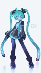 Rule 34 | 1girl, absurdres, ahoge, android, aqua eyes, aqua hair, aqua necktie, black footwear, boots, bright pupils, cheri zao, closed mouth, commentary request, contrapposto, detached sleeves, dress, full body, hair between eyes, hair ornament, hatsune miku, headphones, highres, long hair, looking at viewer, necktie, pleated dress, robot girl, see-through, see-through dress, see-through sleeves, simple background, solo, standing, tie clip, twintails, very long hair, vocaloid, white background, white pupils