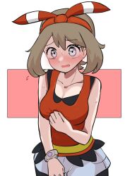 Rule 34 | 1girl, absurdres, bare arms, blush, bow, bracelet, breasts, brown hair, cleavage, collarbone, commentary request, cowboy shot, creatures (company), eyelashes, full-face blush, game freak, grey eyes, hairband, hand on own chest, hand up, highres, jewelry, makademia, may (pokemon), medium breasts, medium hair, nervous, nervous sweating, nintendo, open mouth, pokemon, pokemon oras, red bow, red hairband, red shirt, shirt, shorts, sleeveless, sleeveless shirt, solo, sweat, tearing up, white shorts