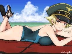 Rule 34 | 1girl, beach, blonde hair, blue one-piece swimsuit, blue sky, breasts, brown eyes, bukkuri, cloud, competition swimsuit, day, erwin (girls und panzer), girls und panzer, goggles, goggles on headwear, green hat, hat, high heels, large breasts, lying, military hat, ocean, on stomach, one-piece swimsuit, outdoors, peaked cap, pointy hair, sandals, seductive gaze, seductive smile, short hair, sky, smile, solo, swimsuit, the pose