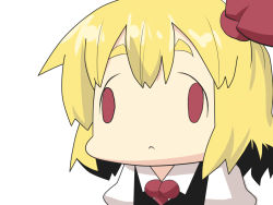Rule 34 | 1girl, black dress, black vest, blonde hair, chibi, commentary request, dress, face of the people who sank all their money into the fx (meme), goma (gomasamune), hair ribbon, meme, necktie, red eyes, ribbon, rumia, shirt, short hair, solo, touhou, upper body, vest, white background, white shirt
