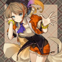Rule 34 | 1girl, nanashi inc., blue eyes, blue necktie, bracelet, braid, brown hair, collared jacket, commentary request, cowboy shot, cropped jacket, cross-laced clothes, detached collar, hand in own hair, hat feather, hiyoku no crosspiece, jacket, jewelry, kokuzu, multicolored hair, necktie, open hand, orange hair, orange jacket, orange shorts, plaid, plaid background, puffy short sleeves, puffy sleeves, shirt, short hair, short shorts, short sleeves, shorts, solo, streaked hair, touri sei, underbust, virtual youtuber, white shirt