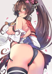 Rule 34 | 1girl, ass, back, bare shoulders, black panties, blush, breasts, brown eyes, brown hair, collar, detached sleeves, headgear, highres, kantai collection, large breasts, long hair, looking at viewer, looking back, matsuda (matsukichi), metal collar, panties, ponytail, solo, thighs, torn clothes, underwear, yamato (kancolle)