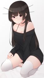 Rule 34 | 10s, 1girl, absurdres, breasts, brown hair, choker, choukai (kancolle), cleavage, commentary request, glasses, grey background, highres, jewelry, kantai collection, long hair, off shoulder, parted lips, red eyes, ribbed sweater, ring, sitting, solo, sweater, thighhighs, white thighhighs, yukichi (sukiyaki39)