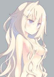 Rule 34 | 1girl, bare arms, bare shoulders, blonde hair, blue eyes, breasts, closed mouth, completely nude, expressionless, grey background, hair between eyes, hair censor, hair over breasts, long hair, medium breasts, nude, original, simple background, solo, standing, yamadori yoshitomo
