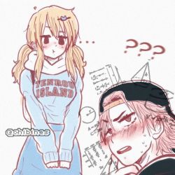 Rule 34 | ..., 1boy, 1girl, artist name, backpack, backwards hat, bag, blonde hair, blush, breasts, casual, cat hair ornament, chibines, clothing request, commentary, cow girl, cowboy shot, cowlick, english commentary, english text, fairy tail, hair ornament, hand on own chin, hat, hood, hoodie, jitome, long hair, looking afar, looking at another, looking away, lucy heartfilia, math, medium breasts, messy hair, natsu dragneel, on ground, pink hair, pout, short twintails, simple background, sitting, skirt, speech bubble, standing, strap, sweat, sweater, thinking, twintails, white background