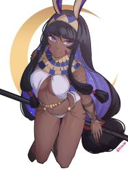 Rule 34 | 1girl, alternate hair color, animal ears, bad id, bad twitter id, bangle, black hair, blunt bangs, bracelet, breasts, closed mouth, commentary, crescent, dark-skinned female, dark skin, english commentary, facepaint, fake animal ears, fate/grand order, fate (series), from above, hairband, highres, jewelry, kyou (ningiou), long hair, looking at viewer, medium breasts, navel, necklace, nitocris (fate), purple eyes, purple hair, rabbit ears, revealing clothes, sidelocks, smile, solo, stomach, twitter username
