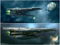 Rule 34 | artist name, carrier, commentary, concept art, damaged, david-holland, eve online, flying, glowing, military vehicle, nebula, no humans, original, outdoors, pirate faction (eve online), planet, science fiction, sky, space, space ship, spacecraft, spaceship, star (sky), starry sky, thrusters, vehicle focus
