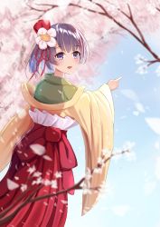 Rule 34 | 1girl, absurdres, aqpaca, blunt bangs, bow, branch, cherry blossoms, commentary request, flower, frilled skirt, frills, green kimono, hair flower, hair ornament, hakama, hakama skirt, hieda no akyuu, highres, japanese clothes, kimono, layered clothes, layered kimono, long sleeves, looking at viewer, looking back, open mouth, outdoors, pointing, purple eyes, purple hair, red bow, red hakama, red sash, red skirt, sash, short hair, skirt, solo, touhou, upper body, wide sleeves, yellow kimono