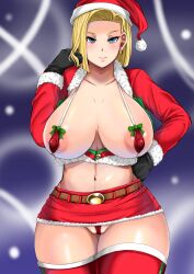 Rule 34 | 1girl, android 18, bikini, bikini top only, blonde hair, blue eyes, blush, bob cut, breasts, christmas, covered erect nipples, cowboy shot, dragon ball, dragonball z, earrings, female focus, fur trim, gloves, gradient background, groin, hat, highres, hoop earrings, huge breasts, jewelry, large areolae, legs, looking at viewer, medium hair, micro bikini, midriff, navel, nekuraneko, nipples, partially visible vulva, pussy, revealing clothes, santa hat, simple background, skirt, smile, solo, standing, swimsuit, thighhighs, thighs, thong