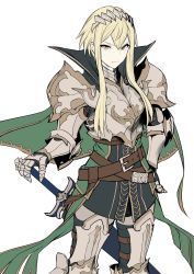 Rule 34 | 1girl, armor, bad id, bad twitter id, belt, black thighhighs, blonde hair, breastplate, brown eyes, cape, closed mouth, copyright request, couter, cowboy shot, frown, gauntlets, greaves, green cape, hand on hilt, hand on own hip, headpiece, high collar, highres, long hair, looking at viewer, maruchi, pauldrons, plate armor, shoulder armor, simple background, solo, standing, sword, thighhighs, weapon, white background