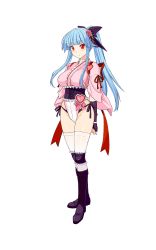 Rule 34 | 1girl, absurdres, blue hair, blunt bangs, blush, boots, bow, breasts, corset, elbow gloves, fingerless gloves, flower, frills, gloves, hair bow, hair flower, hair ornament, heart, highleg, highleg leotard, highres, himukai kyousuke, japanese clothes, large breasts, leotard, long hair, looking at viewer, official art, ponytail, red eyes, ring dream, rose, sasaki yukime, smile, solo, thighhighs, wrestling outfit, yuki onna (ring dream)