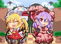 Rule 34 | 2girls, :d, ascot, blush, bow, checkered floor, chibi, dress, fang, flandre scarlet, gate, hat, hat ribbon, kan lee, mob cap, multiple girls, open mouth, parasol, puffy short sleeves, puffy sleeves, red bow, red eyes, red ribbon, remilia scarlet, ribbon, short sleeves, siblings, sisters, smile, touhou, umbrella, wings