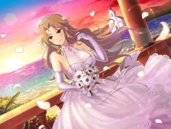 Rule 34 | 1girl, banister, beach, blonde hair, blush, bouquet, breasts, bride, building, church, cleavage, cloud, daidouji (senran kagura), dress, dusk, elbow gloves, evening, falling petals, floral print, flower, foaming waves, frilled dress, frilled gloves, frills, gloves, gradient sky, holding, holding bouquet, horizon, jewelry, lace, lace-trimmed dress, lace trim, large breasts, leaf, light particles, long hair, mole, mole under eye, mountainous horizon, necklace, ocean, official alternate costume, official art, orange sky, outdoors, petals, purple sky, red eyes, red sky, ribbon, ring, sand, see-through, see-through cleavage, senran kagura, senran kagura burst, senran kagura new link, senran kagura shoujo-tachi no shin&#039;ei, shore, sky, smile, solo, star (sky), steeple, sun, sunlight, sunset, tiara, twilight, very long hair, water, waves, wedding dress, wedding ring, white dress, white flower, white gemstone, white gloves, white ribbon, yaegashi nan, yellow sky