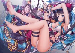 Rule 34 | 1girl, animal, arms up, bare legs, barefoot, bikini, black hair, blue eyes, blue nails, breasts, closed mouth, commentary request, fate/grand order, fate (series), feet, fingernails, floral print, gradient background, grey background, hair ornament, holding, holding sword, holding weapon, katana, katsushika hokusai (fate), katsushika hokusai (swimsuit saber) (fate), legs up, long hair, low twintails, md5 mismatch, medium breasts, nail polish, octopus, resolution mismatch, sheath, sheathed, source larger, swimsuit, sword, tentacles, thigh strap, tokitarou (fate), twintails, very long hair, weapon, white background, white bikini, xo (xo17800108)