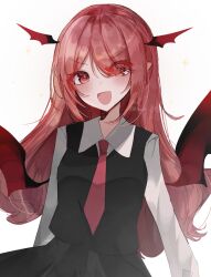 Rule 34 | 1girl, :d, absurdres, bat wings, blush, breasts, eyes visible through hair, hair over one eye, head wings, highres, koakuma, long hair, medium breasts, necktie, open mouth, pointy ears, red eyes, red hair, red necktie, shion 343, shirt, smile, solo, sparkle, touhou, upper body, v-shaped eyebrows, very long hair, wing collar, wings