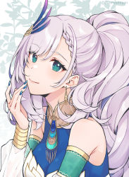 Rule 34 | 1girl, aqua eyes, asymmetrical hair, bangle, blue dress, blue nails, blush, bracelet, braid, braided bangs, breasts, closed mouth, commentary, detached sleeves, dress, earrings, english commentary, eyelashes, feather hair ornament, hair ornament, highres, hololive, hololive indonesia, jewelry, lips, long hair, looking at viewer, medium breasts, nail polish, parted bangs, pavolia reine, pendant, puunyannyan, side ponytail, silver hair, single braid, smile, solo, symbol-only commentary, twitter username, upper body, virtual youtuber