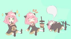 Rule 34 | 1girl, :d, absurdres, ahoge, anya (spy x family), blush stickers, bubble tea, child, closed eyes, cup, disposable cup, dress, drink, drinking, essukaa (e-su), full stomach, green eyes, hairpods, highres, holding, holding cup, holding drink, long sleeves, lying, mary janes, multiple views, nose bubble, notice lines, on back, open mouth, oversized food, oversized object, pantyhose, pink hair, school uniform, sequential, shoes, short hair, sitting, smile, sparkle, spy x family, too much food, unconscious