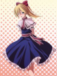 Rule 34 | 1girl, alice margatroid, alternate hairstyle, arms behind back, bad id, bad pixiv id, blonde hair, blue eyes, blush, bow, capelet, dress, female focus, hair bow, highres, crossed legs, open mouth, ponytail, sash, sitting, solo, standing, touhou, tsukishiro saika