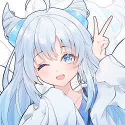 Rule 34 | 1girl, ahoge, arm up, blue eyes, blue hair, blue theme, collarbone, fang, hair horns, hand up, highres, long hair, long sleeves, looking at viewer, nalukikiki, one eye closed, open mouth, original, skin fang, solo, v, white theme