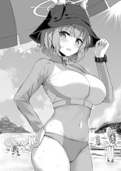 Rule 34 | 4girls, amagasa ikuta, animal, beach, bird, blue archive, breasts, bucket hat, commentary request, greyscale, halo, hat, highres, large breasts, looking at viewer, miyako (blue archive), miyako (swimsuit) (blue archive), miyu (blue archive), miyu (swimsuit) (blue archive), moe (blue archive), moe (swimsuit) (blue archive), monochrome, multiple girls, navel, ocean, official alternate costume, parasol, rabbit platoon (blue archive), rash guard, saki (blue archive), saki (swimsuit) (blue archive), short hair, solo focus, sun, umbrella, watch, wet