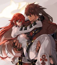 Rule 34 | 1boy, 1girl, aria (guilty gear), bad id, bad pixiv id, bell-bottoms, bodysuit, broken halo, brown hair, carrying, spiked halo, forehead protector, green eyes, guilty gear, guilty gear strive, halo, jack-o&#039; valentine, long hair, no bra, pants, princess carry, red hair, riarashu, sol badguy, very long hair, white bodysuit