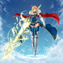 Rule 34 | 1girl, absurdres, ahoge, armor, artoria pendragon (all), artoria pendragon (fate), artoria pendragon (lancer) (fate), blonde hair, blue thighhighs, breasts, cape, cleavage, cleavage cutout, clothing cutout, fate/grand order, fate (series), fur trim, gauntlets, greaves, green eyes, highres, holding, holding weapon, lance, looking at viewer, mhg (hellma), polearm, rhongomyniad (fate), saber (fate), solo, thighhighs, weapon