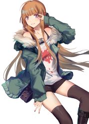 Rule 34 | 10s, 1girl, absurdres, ahoge, arm up, bad id, bad pixiv id, bare shoulders, black nails, black shorts, black thighhighs, blunt bangs, boots, cross-laced footwear, feet out of frame, fur collar, green jacket, headphones, highres, jacket, lace-up boots, lanlanlu (809930257), long hair, long sleeves, looking at viewer, nail polish, off shoulder, persona, persona 5, purple eyes, sakura futaba, shirt, shorts, simple background, smile, solo, straight hair, tank top, teeth, thighhighs, v, white background, white shirt