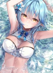 Rule 34 | 1girl, absurdres, arms up, blue bow, blue bowtie, blue hair, blush, bow, bowtie, breasts, center frills, cleavage, cleavage cutout, closed mouth, clothing cutout, crossed bangs, elf, flower, frills, fuyoyo, hair between eyes, hair flower, hair ornament, highres, hololive, long hair, looking at viewer, lying, medium breasts, multicolored hair, on back, partially submerged, pointy ears, shirt, sleeveless, sleeveless shirt, smile, solo, streaked hair, virtual youtuber, water, wet, white flower, white shirt, yellow eyes, yukihana lamy