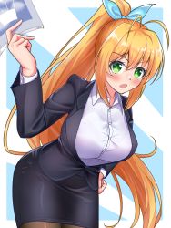 Rule 34 | 1girl, absurdres, antenna hair, blonde hair, blush, bow, breasts, formal, green eyes, hair bow, highres, large breasts, long hair, looking at viewer, maretto, open mouth, pantyhose, pencil skirt, ponytail, skirt, solo, suit, teacher, thighhighs, tsurumaki maki, very long hair, voiceroid