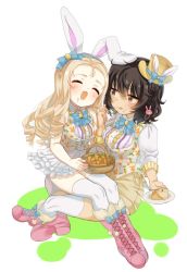 Rule 34 | 2girls, :q, alternate costume, andou (girls und panzer), animal ears, animal print, basket, black hair, blonde hair, blue eyes, blue neckwear, blush, boots, bow, bowtie, brown eyes, brown headwear, brown shirt, cake, carrot print, closed eyes, closed mouth, collared vest, commentary, cross-laced footwear, dark-skinned female, dark skin, drill hair, easter, fake ad, food, food on face, food print, fork, frilled skirt, frills, full body, fur-trimmed boots, fur trim, girls und panzer, hair ribbon, hat, head tilt, high-waist skirt, holding, holding basket, holding fork, holding saucer, kumasawa (dkdkr), lace-up boots, layered skirt, long hair, looking at another, marie (girls und panzer), medium hair, messy hair, microskirt, mini hat, mini top hat, multiple girls, open mouth, pink footwear, print vest, rabbit ears, rabbit print, ribbon, saucer, shirt, short sleeves, sitting, sitting on lap, sitting on person, skirt, smile, thighhighs, tongue, tongue out, top hat, vest, white background, white egret, white shirt, white skirt, white vest