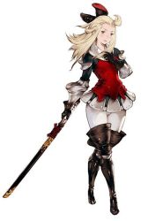 Rule 34 | armor, blonde hair, boots, bravely default: flying fairy, bravely default (series), edea lee, official art, simple background, sword, thigh boots, weapon, yoshida akihiko