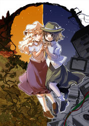 Rule 34 | 2girls, air conditioner, black footwear, blonde hair, blush, bow, brown eyes, brown footwear, brown hair, female focus, green shirt, hat, hat bow, long hair, looking at another, looking away, maribel hearn, multiple girls, nature, neo-traditionalism of japan, open mouth, own hands together, power lines, puffy short sleeves, puffy sleeves, purple eyes, purple skirt, radio, shirt, shoes, short hair, short sleeves, skirt, tako (plastic protein), television, thighhighs, touhou, usami renko, washing machine, white legwear, wire