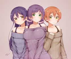 Rule 34 | 3girls, bad id, bad twitter id, bare shoulders, blue hair, blush, closed mouth, collarbone, commentary request, cowboy shot, dress, girl sandwich, green eyes, hatagaya, hoshizora rin, lily white (love live!), long hair, long sleeves, looking at viewer, love live!, love live! school idol project, low twintails, matching outfits, multiple girls, orange hair, purple hair, sandwiched, scrunchie, short hair, simple background, smile, sonoda umi, sweater, sweater dress, tojo nozomi, twintails, yellow eyes