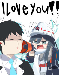 Rule 34 | 1boy, 1girl, belt, black hair, blue archive, blush, commentary request, fur-trimmed jacket, fur trim, green eyes, grey shirt, hair between eyes, halo, hard hat, helmet, holding, holding megaphone, jacket, layered clothes, looking at another, megaphone, minori (blue archive), omo (h98013114), open mouth, red belt, scarf, sensei (blue archive), shirt, shouting, speech bubble, swept bangs, upper body, vest, white headwear, white scarf, white vest