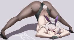 Rule 34 | 1girl, animal ears, artist logo, ass, azur lane, backless leotard, black footwear, black gloves, black leotard, black pantyhose, blush, breasts, chinese commentary, closed mouth, fake animal ears, fake tail, full body, gloves, hair between eyes, high heels, highres, jack-o&#039; challenge, leotard, lips, looking at viewer, medium breasts, meme, official alternate costume, own hands together, pantyhose, parody, purple background, purple eyes, rabbit ears, rabbit tail, reno (azur lane), reno (reno bunnino) (azur lane), short hair, sideboob, silver hair, simple background, single glove, sleeveless, smile, solo, spread legs, tail, tiankong pie ai, top-down bottom-up