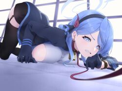 Rule 34 | 1girl, ako (blue archive), all fours, arched back, arm support, ass, bananafish1111, bell, black gloves, black skirt, black thighhighs, blue archive, blue coat, blue eyes, blue hair, blue hairband, blue jacket, blush, breasts, coat, collar, commentary request, cowbell, earrings, garter straps, gloves, hair between eyes, hairband, half gloves, halo, highres, horns, indoors, jacket, jewelry, large breasts, leash, long hair, looking at viewer, miniskirt, multiple horns, neck bell, on floor, red ribbon, ribbon, sideboob, sideless outfit, sideless shirt, skirt, solo, tearing up, tears, thighhighs, tile floor, tiles