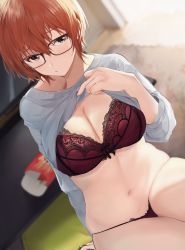 Rule 34 | 1girl, akito (d30n26), blush, box, bra, breasts, cleavage, closed mouth, clothes lift, commentary request, dutch angle, food, glasses, grey sweater, indoors, lace, lace bra, large breasts, lifted by self, midriff, navel, orange hair, original, panties, pocky, red bra, short hair, solo, sweater, sweater lift, table, television, underwear