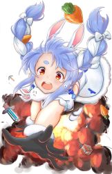 Rule 34 | 1girl, animal ear fluff, animal ears, blue hair, blush, braid, breasts, carrot hair ornament, coat, creature, don-chan (usada pekora), explosion, explosive, food-themed hair ornament, gloves, hair ornament, highres, hololive, hololive fantasy, leotard, long hair, looking at viewer, minecraft, minecraft pickaxe, minecraft sword, multicolored hair, open mouth, playboy bunny, rabbit, rabbit ears, rabbit girl, riroi, scarf, solo, thick eyebrows, tnt, tnt block (minecraft), twin braids, two-tone hair, usada pekora, usada pekora (1st costume), virtual youtuber, white coat, white hair