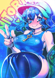 Rule 34 | 1girl, abstract background, armpit peek, bloom, blue eyes, blue hair, blue one-piece swimsuit, blush, breasts, cabbie hat, character name, clasp, closed mouth, collarbone, curvy, eyebrows hidden by hair, feet out of frame, hair bobbles, hair ornament, hakkasame, hat, heart, highres, jewelry, kawashiro nitori, key, large breasts, legs together, looking at viewer, medium hair, necklace, one-piece swimsuit, removing jacket, shiny swimsuit, sitting, smile, smirk, solo, swimsuit, thick thighs, thighhighs, thighs, touhou, twintails, v, wide hips